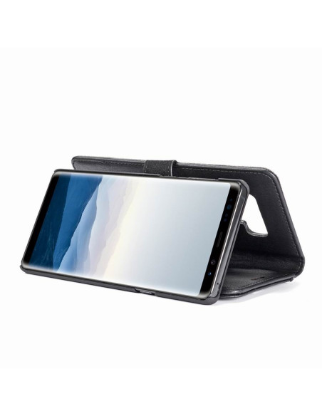 Mobilplånbok i svart konstläder med Samsung Note 9 i liggande läge, tydlig vy av skärmen
