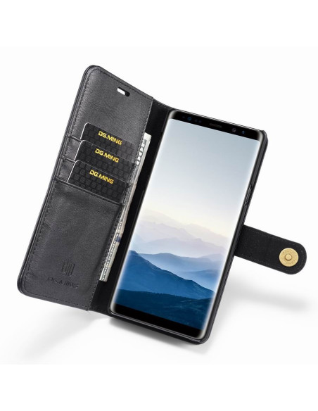 Mobilplånbok i svart konstläder med Samsung Note 9 monterad, insidan med kortplatser synlig