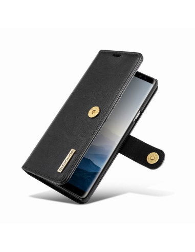 Mobilplånbok i svart konstläder med Samsung Note 9 i öppet läge, visande skärmen och knapplåset