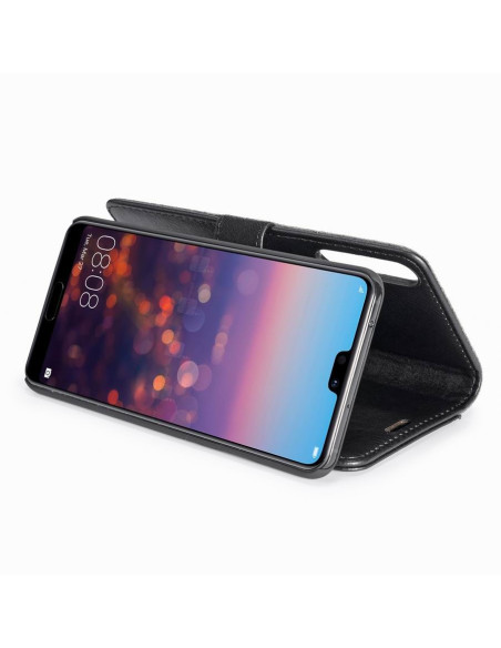 Mobilplånbok i svart konstläder med Huawei P20 Pro monterad, sett från sidan