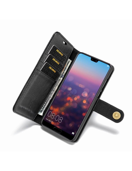Mobilplånbok i svart konstläder med tre kortplatser och Huawei P20 Pro synlig, öppen vy
