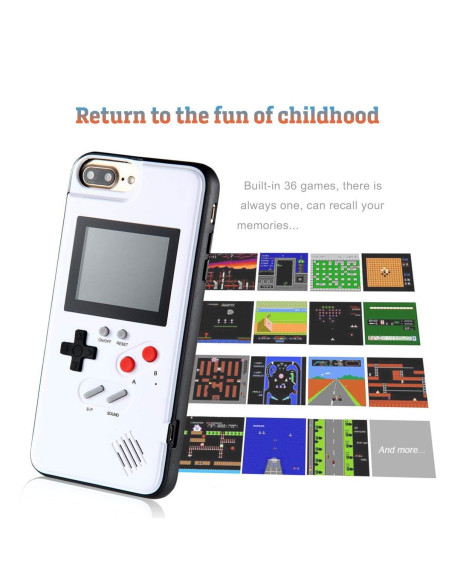 iPhone 7 Plus Gameboy-skal med färgskärm och kontroller, visande spelalternativ