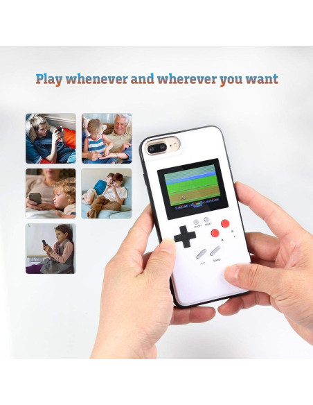 iPhone 8 Plus Gameboy skal i användning, med färgskärm och spelkontroller i fokus