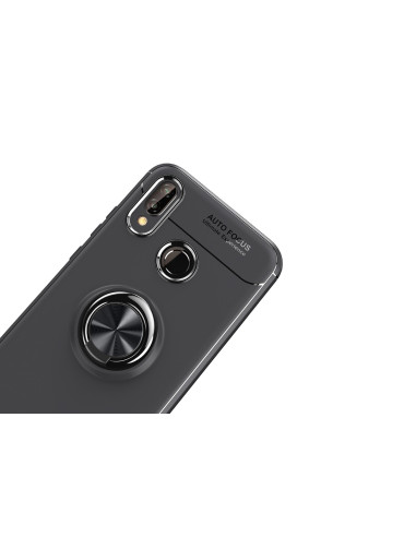 Svart stöttåligt skal med ringhållare för Huawei P Smart 2019, sett från sidan med fokus på ringhållaren