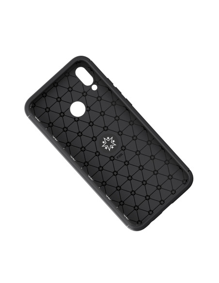 Svart stöttåligt skal för Huawei P Smart 2019, visat från sidan med mönsterdetaljer