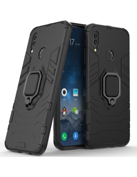 Fram- och baksida av Huawei P Smart 2019 skal med ringhållare, detaljerad vy av design och funktioner