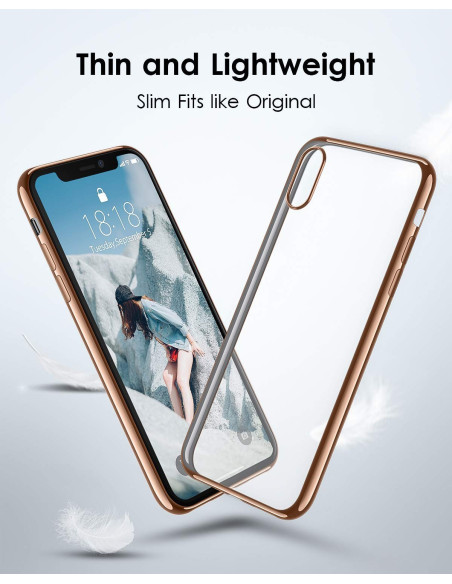 iPhone X med rosenguld mjukt skal, visad i en lätt och tunn design från sidan