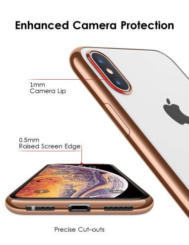 Närbild av iPhone X med rosenguld stöttåligt mjukt skal, fokus på kameraskydd och skärmkant