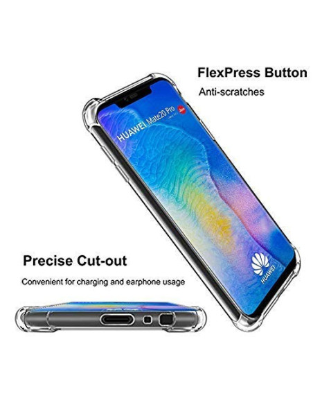 Transparent skal för Mate 20 Pro med detaljerad vy av knappar och utskärningar, sett från sidan