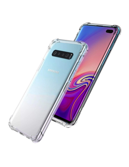 Samsung S10 Plus skal i transparent TPU, sett framifrån med telefonen i bakgrunden