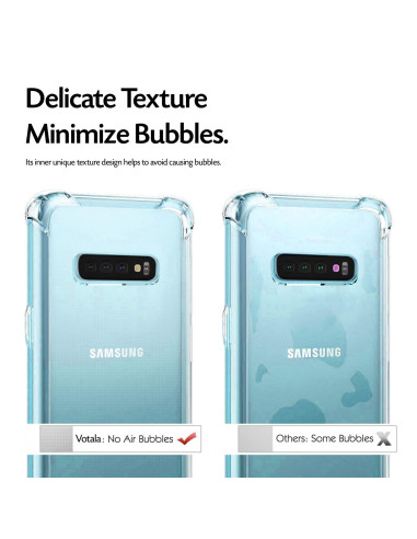Detaljvy av Samsung S10 Plus skal som visar den unika texturen för att minimera bubblor