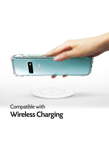 Samsung S10 Plus skal med förstärkta hörn, monterat på telefon och trådlös laddare