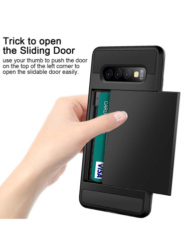 Samsung S10 skal med kortfack, närbild av kortfacket med kort som dras ut