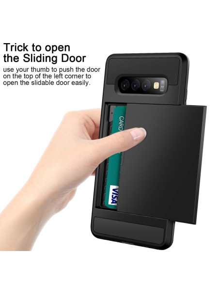 Samsung S10 Plus skal med kortfack, närbild som visar hur kortfacket öppnas med tumme