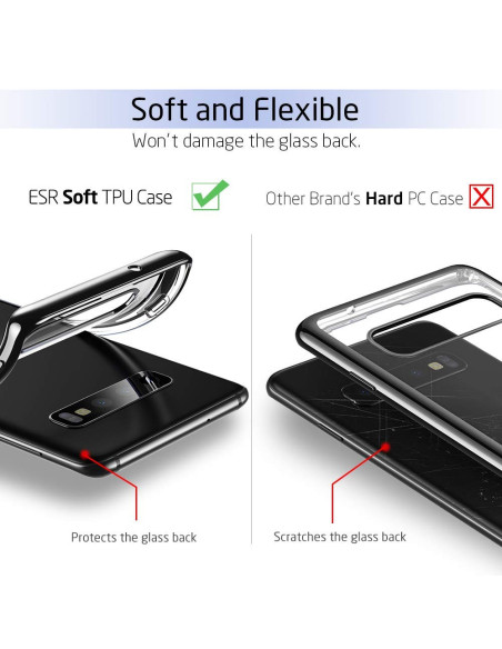 Närbild av Samsung S10 stöttåligt mjukt skal i TPU-material, med fokus på flexibla kanter