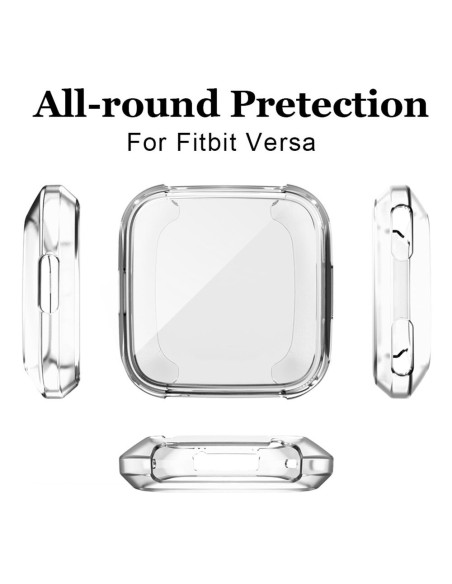 Transparent TPU-skal för Fitbit Versa, visat från flera vinklar med fokus på skyddet