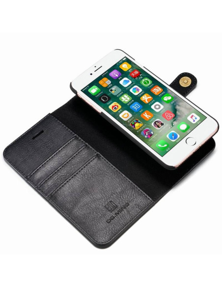 Öppen svart mobilplånbok i konstläder för iPhone 7 Plus med telefon och kortfack synliga