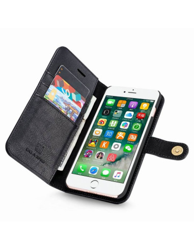 Öppen svart mobilplånbok i konstläder för iPhone 7 Plus med telefon och kortfack synliga från sidan