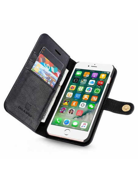 Öppen svart mobilplånbok i konstläder för iPhone 7 Plus med telefon och kortfack synliga från sidan