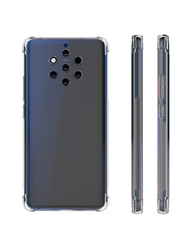 Transparent skal för Nokia 9 Pureview, visat från sidan och baksidan med förstärkta hörn