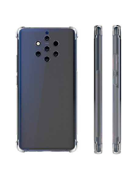 Transparent skal för Nokia 9 Pureview, visat från sidan och baksidan med förstärkta hörn