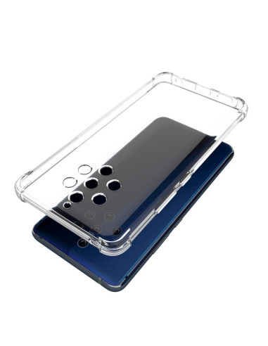 Transparent stöttåligt skal för Nokia 9 Pureview, sett ovanifrån med telefonen under