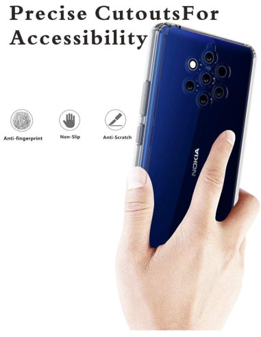 Nokia 9 Pureview skal i transparent TPU, hålls i handen med tydlig vy av kamerautskärningarna