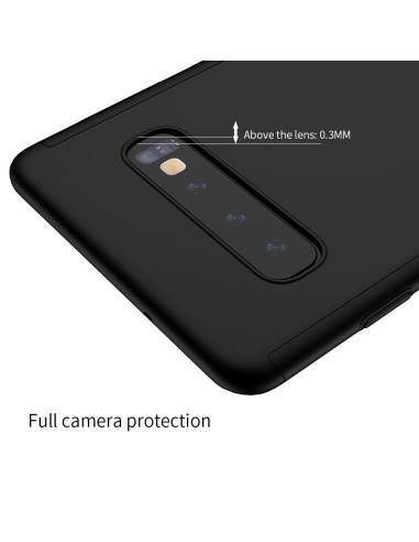 Detaljvy av svart 360° 3in1 FullCover skal för Samsung S10e, med fokus på kameraskydd