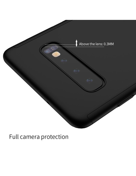 Detaljvy av svart 360° 3in1 FullCover skal för Samsung S10e, med fokus på kameraskydd