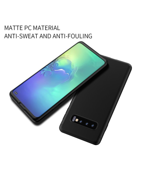 Svart 360° 3in1 FullCover skal för Samsung S10e, visat från en vinkel med skärmskydd