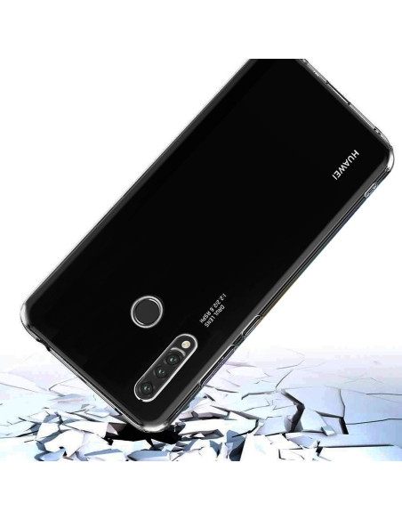 Genomskinligt TPU-skal för Huawei P30 Lite, visat bakifrån med telefonen ovanför en sprucken yta