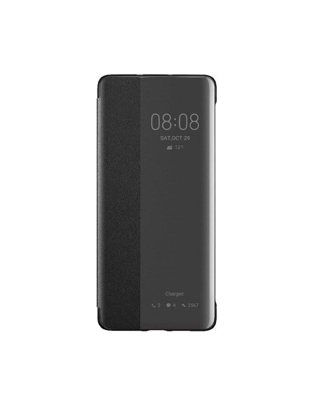 Svart Huawei P30 Flipfodral Smart View med stängd front och fönster för tid och meddelanden