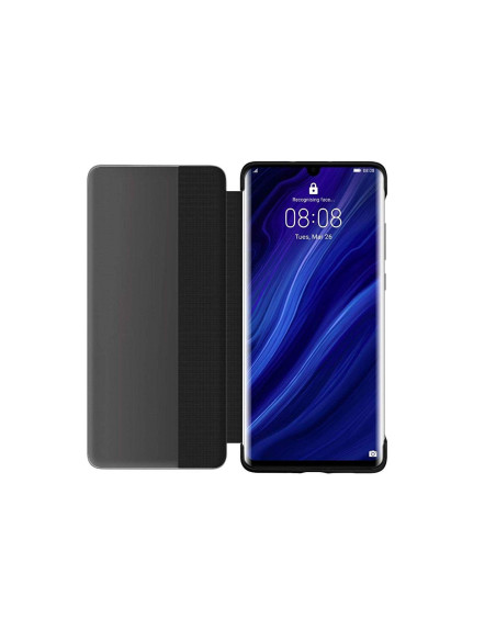Svart Huawei P30 Flipfodral Smart View med öppet fönster som visar skärmen och tid