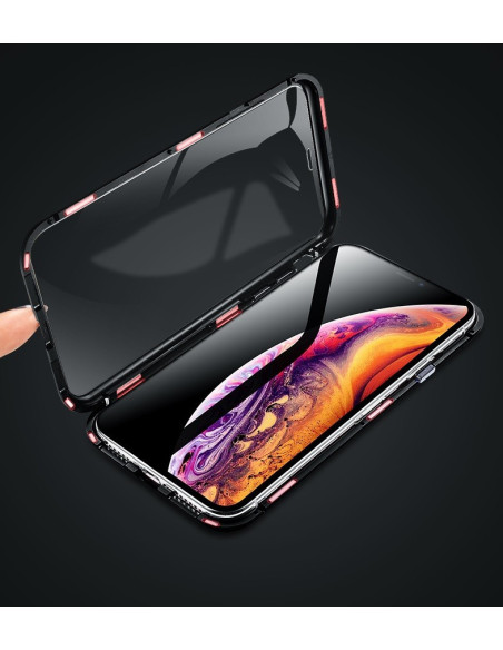 Transparent heltäckande skal för iPhone X/XS, visat öppet med telefon insatt