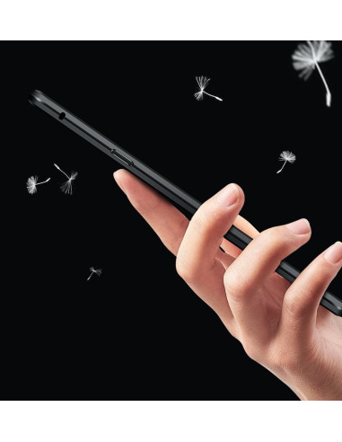 Transparent heltäckande skal för iPhone X/XS, hålls i handen med en elegant profil