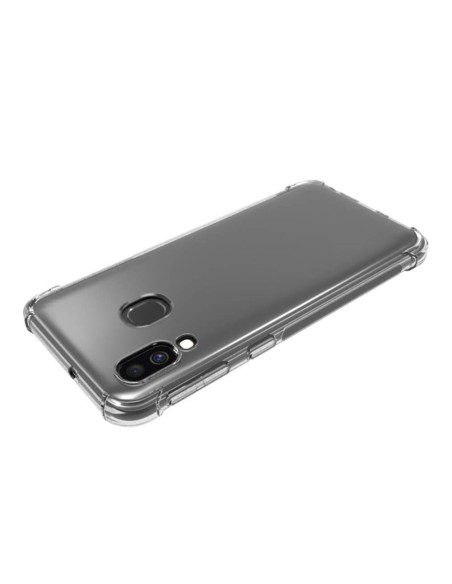 Samsung A40 skal i transparent TPU, sett snett bakifrån med förstärkta hörn