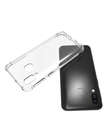 Samsung A40 skal i transparent TPU, visat monterat på telefon med tydlig baksida