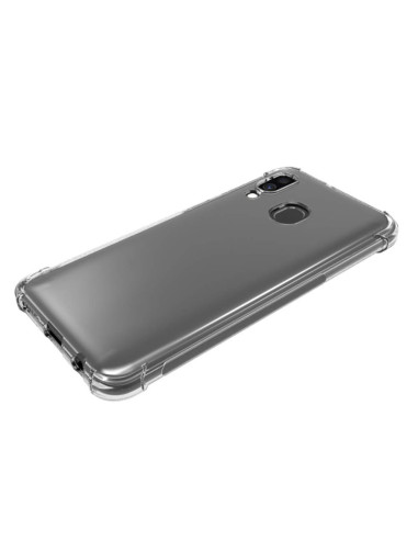 Samsung A40 skal i transparent TPU, visat från sidan med fokus på baksidan och kamerautskärning