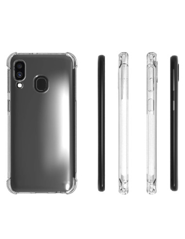 Samsung A40 skal i transparent TPU, visat från sidan med fokus på knappar och kanter