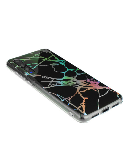 Närbild av Huawei P30 Pro skal med glansig finish och färgglada linjer från sidan