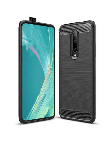 OnePlus 7 skal i svart TPU med texturerad yta, sett från sidan med telefon monterad