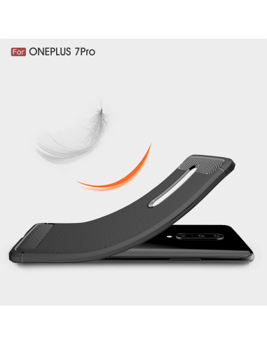 Oneplus 7 skal i svart TPU, sett uppifrån med böjd kant och telefon under