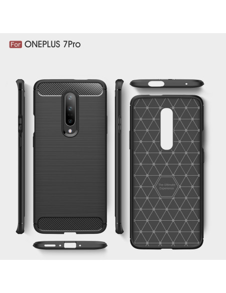 Oneplus 7 skal i svart TPU, visat framifrån med texturerad yta och kameraöppning