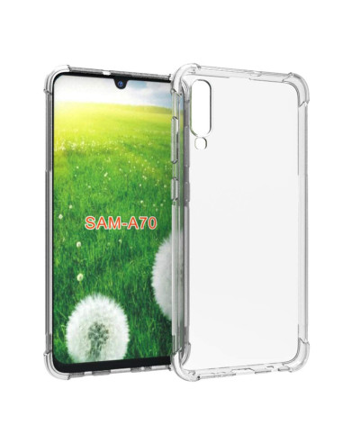 Transparent stöttåligt skal för Samsung A70 med förstärkta hörn, visat från sidan