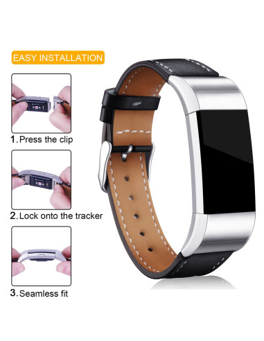 Detaljvy av Fitbit Charge 2 läderarmband med metallspänne och insida i konstläder