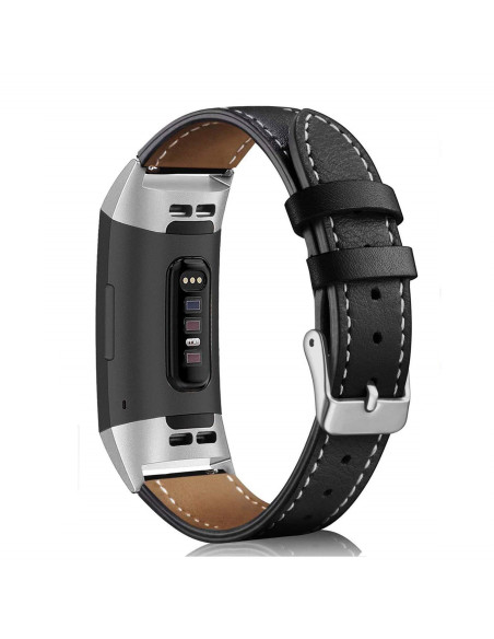 Svart läderarmband för Fitbit Charge 3 med detaljerad sömnad och metallspänne