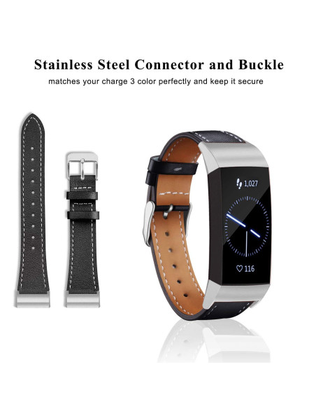 Svart läderarmband med metallspänne för Fitbit Charge 3, visad från sidan