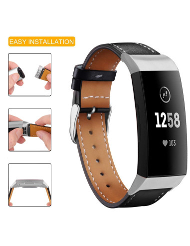 Svart läderarmband för Fitbit Charge 3 med fokus på installationsdetaljer och inre foder