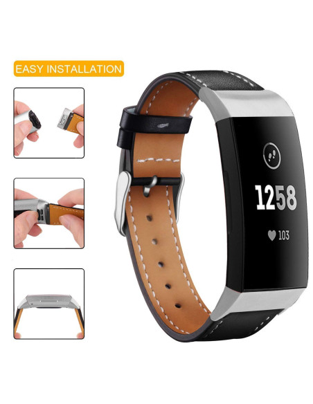 Svart läderarmband för Fitbit Charge 3 med fokus på installationsdetaljer och inre foder