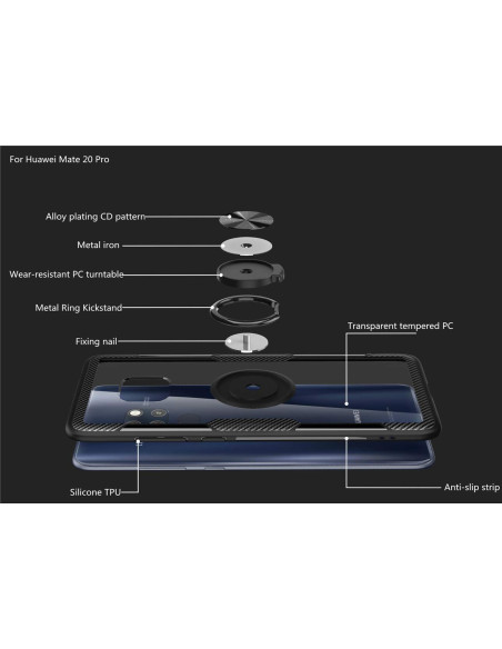 Detaljvy av Mate 20 Pro skal med ringhållare, visar interna komponenter och design